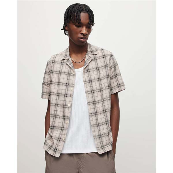 Allsaints Australia Mens Serra Linen Blend Checked Shirt Taupe AU17-605